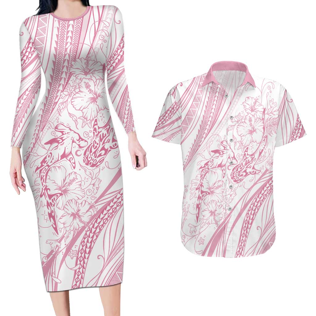 Sharks Couple Dreamy Polynesians Floral Sea Couples Matching Long Sleeve Bodycon Dress and Hawaiian Shirt Pink - Polynesian Pride