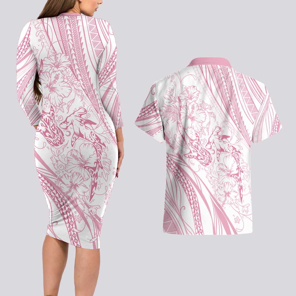 Sharks Couple Dreamy Polynesians Floral Sea Couples Matching Long Sleeve Bodycon Dress and Hawaiian Shirt Pink - Polynesian Pride