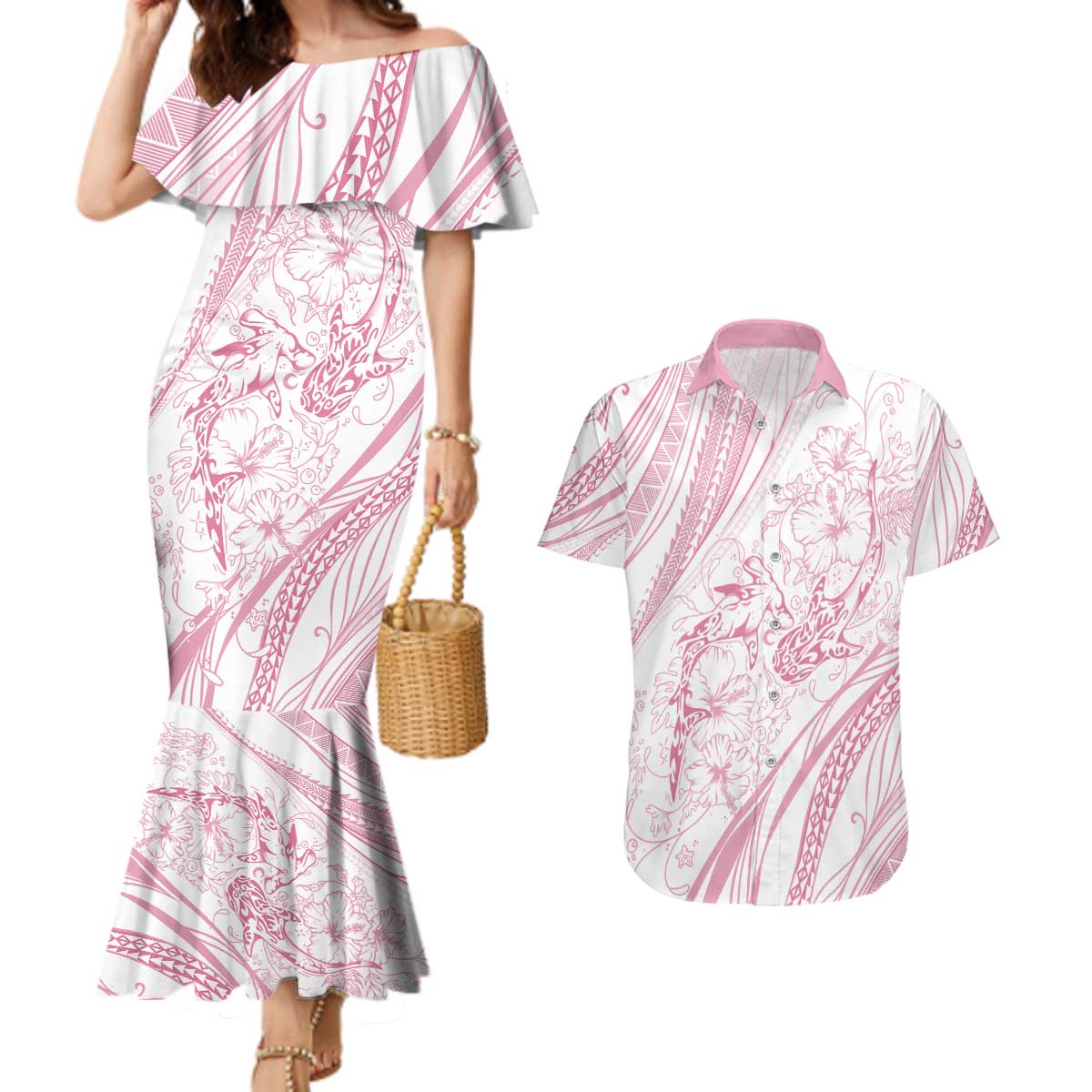 Sharks Couple Dreamy Polynesians Floral Sea Couples Matching Mermaid Dress and Hawaiian Shirt Pink - Polynesian Pride