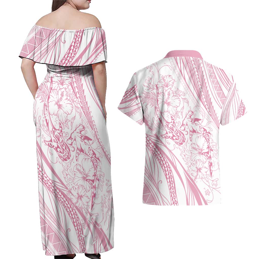 Sharks Couple Dreamy Polynesians Floral Sea Couples Matching Off Shoulder Maxi Dress and Hawaiian Shirt Pink - Polynesian Pride