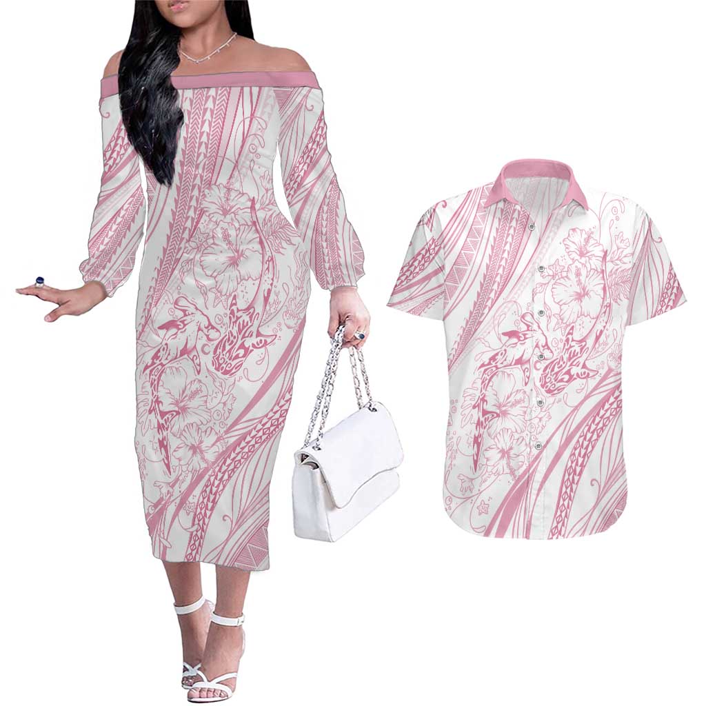Sharks Couple Dreamy Polynesians Floral Sea Couples Matching Off The Shoulder Long Sleeve Dress and Hawaiian Shirt Pink - Polynesian Pride