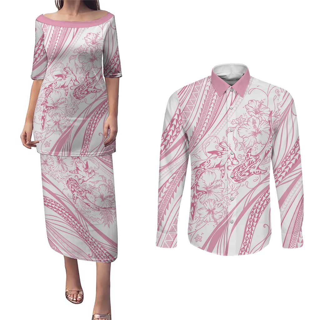 Sharks Couple Dreamy Polynesians Floral Sea Couples Matching Puletasi and Long Sleeve Button Shirt Pink LT7 Pink - Polynesian Pride
