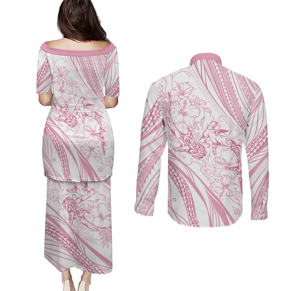Sharks Couple Dreamy Polynesians Floral Sea Couples Matching Puletasi and Long Sleeve Button Shirt Pink LT7 - Polynesian Pride
