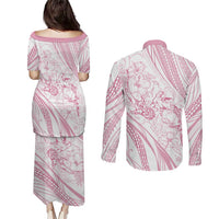 Sharks Couple Dreamy Polynesians Floral Sea Couples Matching Puletasi and Long Sleeve Button Shirt Pink LT7 - Polynesian Pride