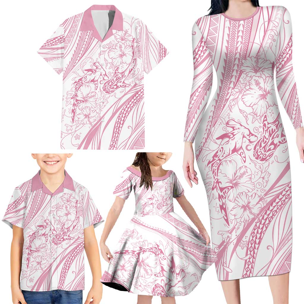 Sharks Couple Dreamy Polynesians Floral Sea Family Matching Long Sleeve Bodycon Dress and Hawaiian Shirt Pink - Polynesian Pride
