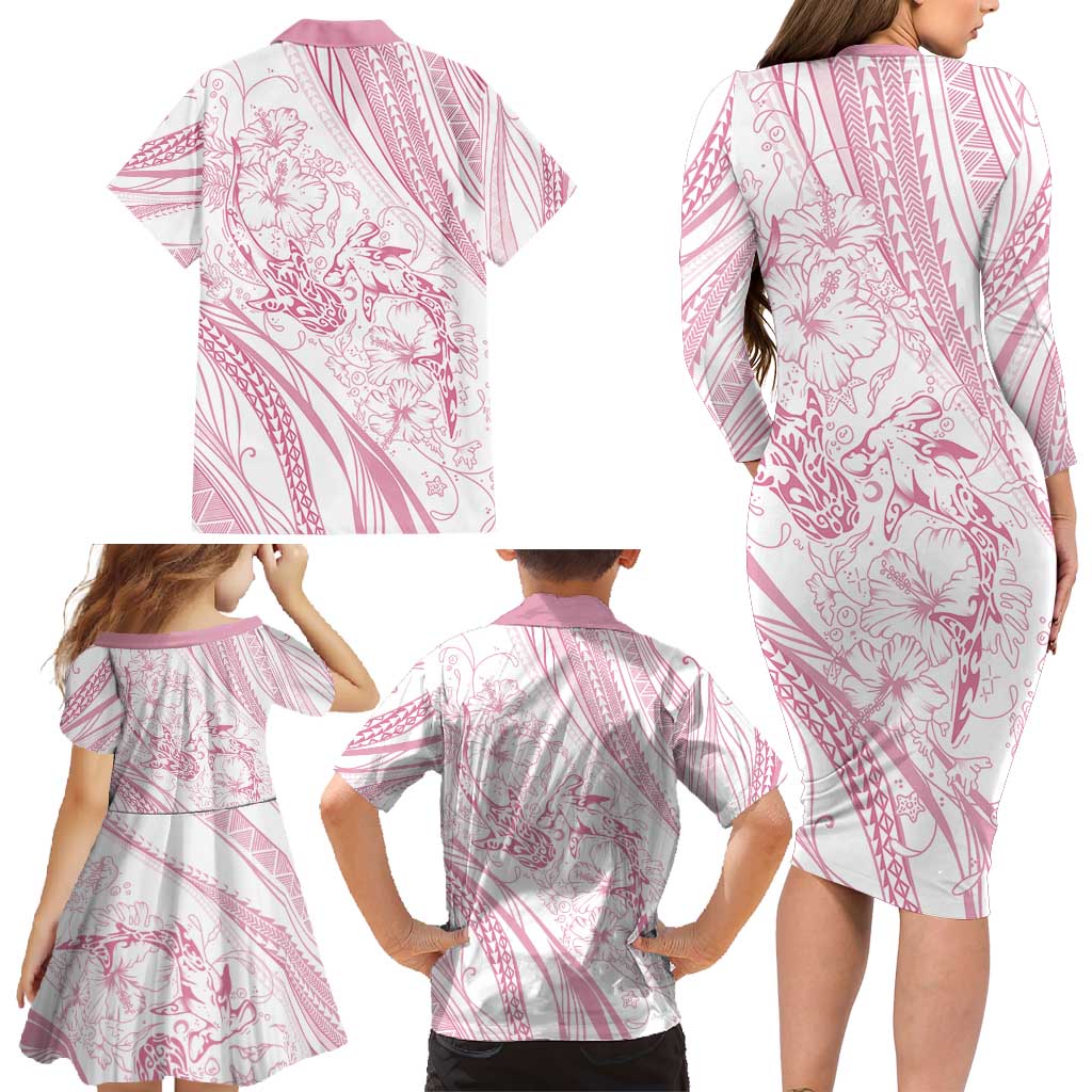 Sharks Couple Dreamy Polynesians Floral Sea Family Matching Long Sleeve Bodycon Dress and Hawaiian Shirt Pink - Polynesian Pride