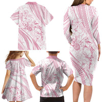 Sharks Couple Dreamy Polynesians Floral Sea Family Matching Long Sleeve Bodycon Dress and Hawaiian Shirt Pink - Polynesian Pride