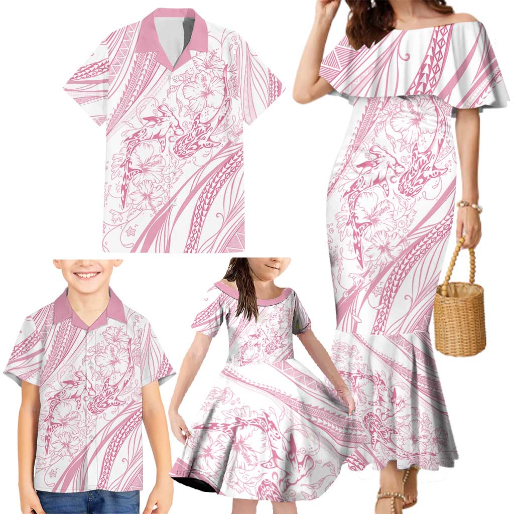 Sharks Couple Dreamy Polynesians Floral Sea Family Matching Mermaid Dress and Hawaiian Shirt Pink - Polynesian Pride