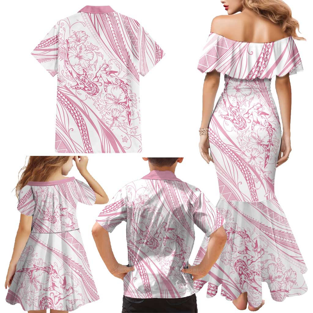 Sharks Couple Dreamy Polynesians Floral Sea Family Matching Mermaid Dress and Hawaiian Shirt Pink - Polynesian Pride