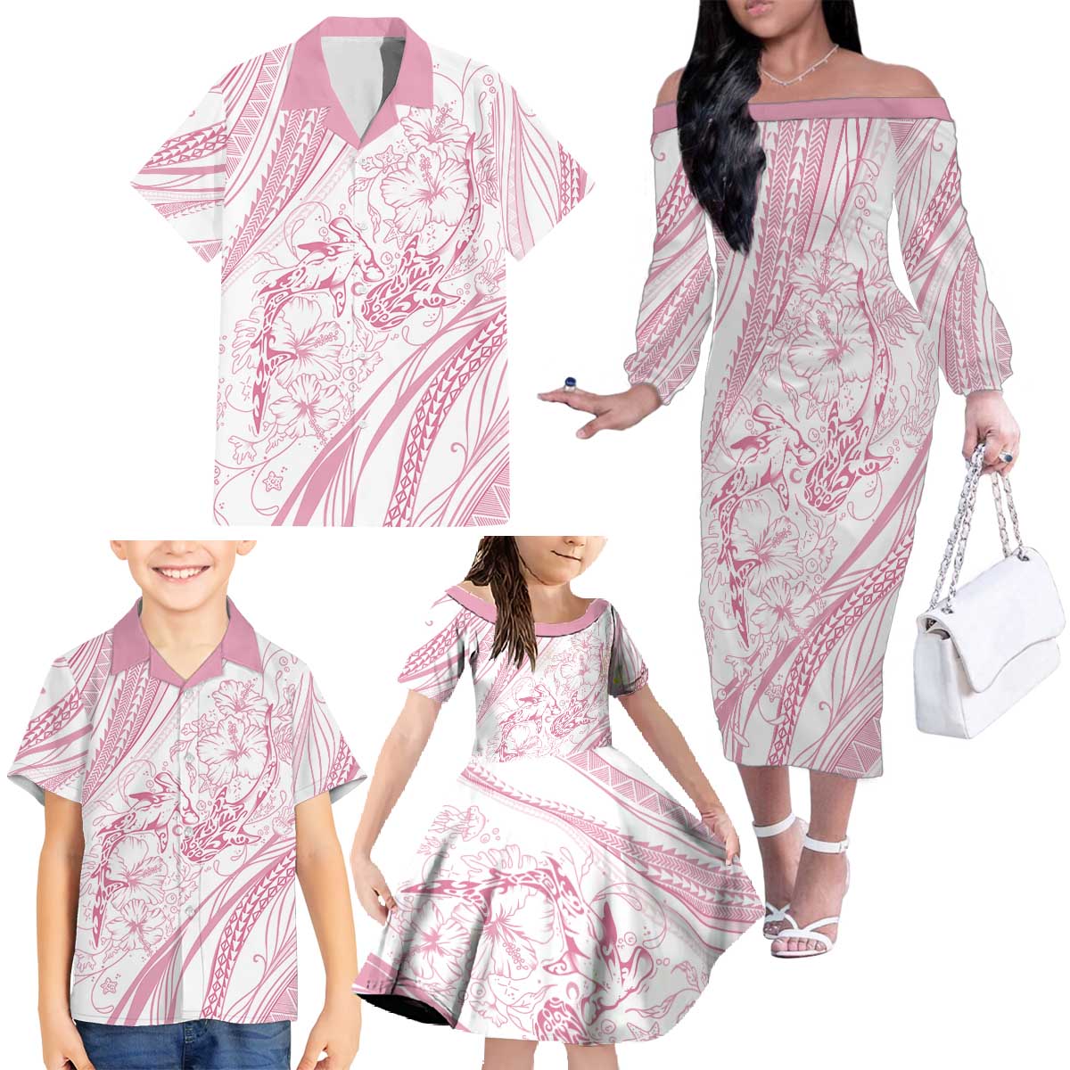 Sharks Couple Dreamy Polynesians Floral Sea Family Matching Off The Shoulder Long Sleeve Dress and Hawaiian Shirt Pink - Polynesian Pride