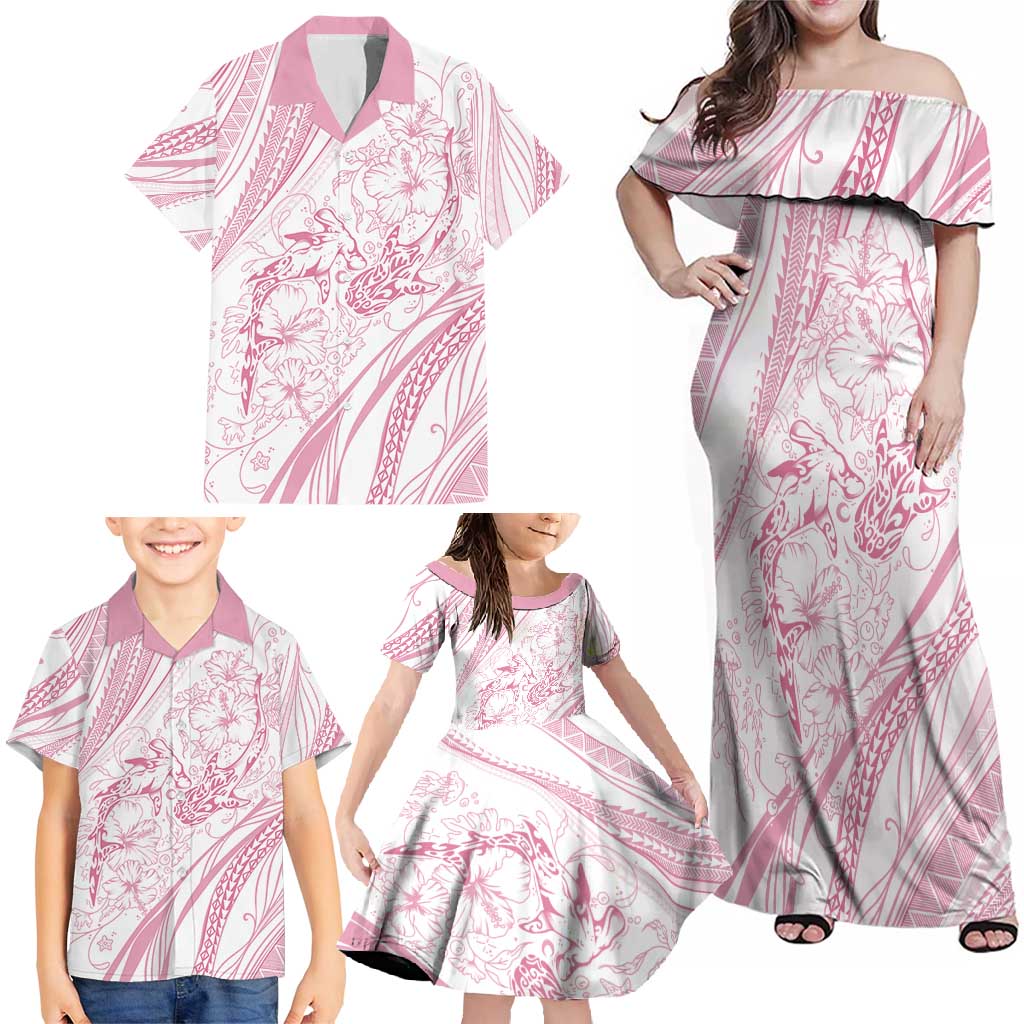 Sharks Couple Dreamy Polynesians Floral Sea Family Matching Off Shoulder Maxi Dress and Hawaiian Shirt Pink - Polynesian Pride