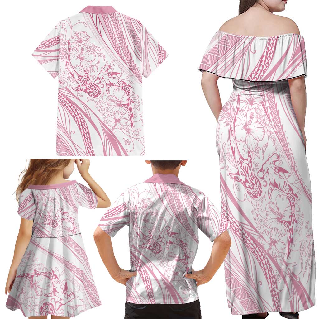 Sharks Couple Dreamy Polynesians Floral Sea Family Matching Off Shoulder Maxi Dress and Hawaiian Shirt Pink - Polynesian Pride