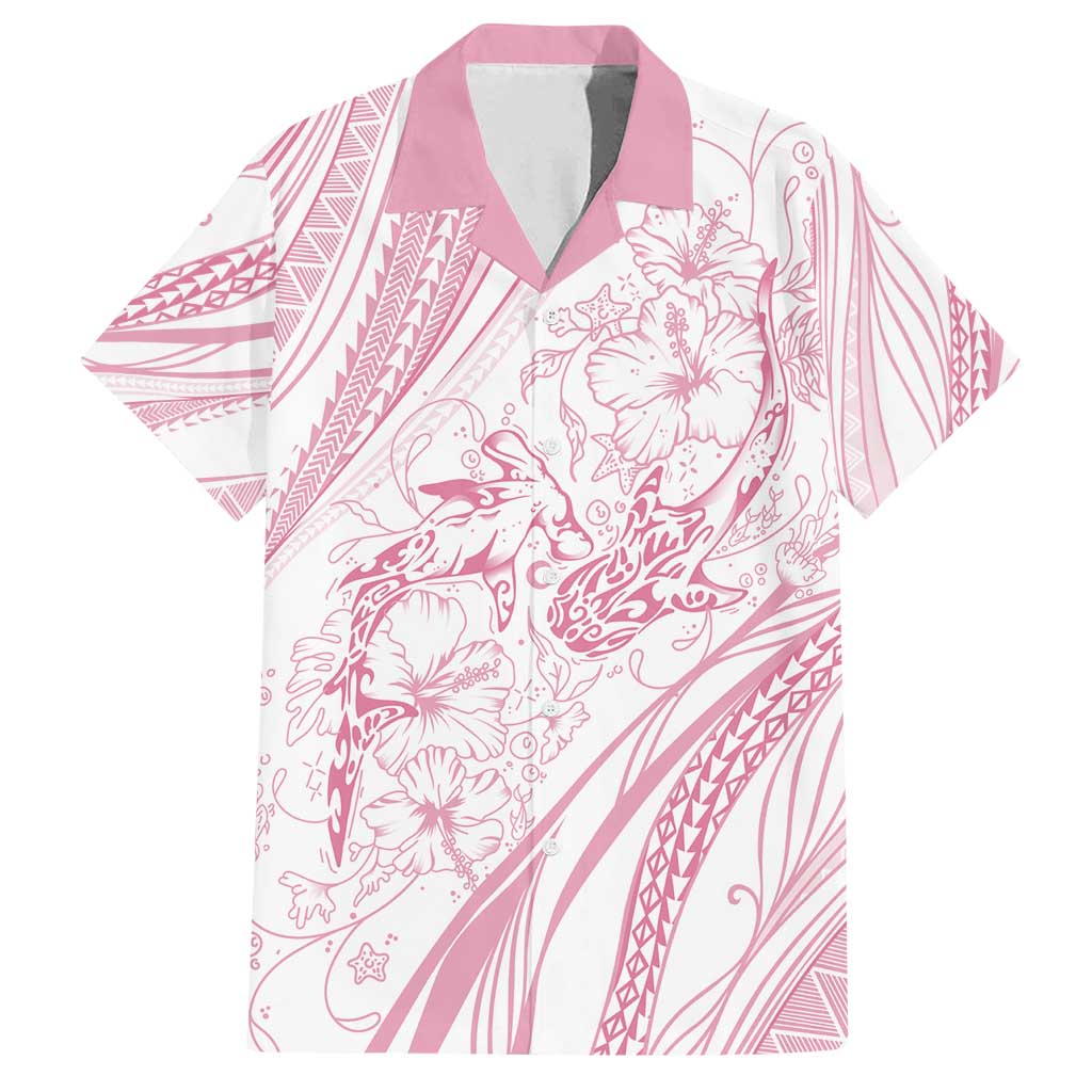 Sharks Couple Dreamy Polynesians Floral Sea Family Matching Off Shoulder Short Dress and Hawaiian Shirt Pink - Polynesian Pride