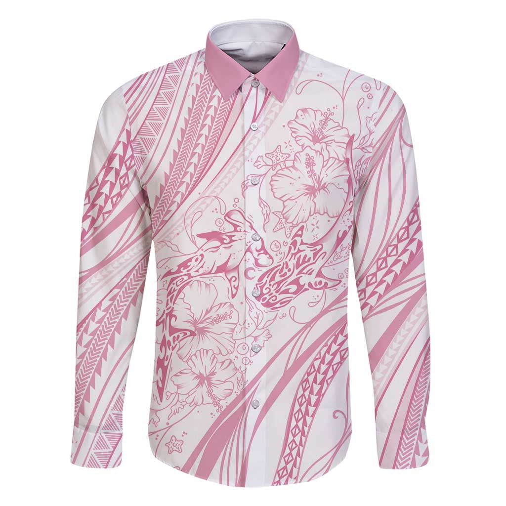 Sharks Couple Dreamy Polynesians Floral Sea Family Matching Off Shoulder Short Dress and Hawaiian Shirt Pink - Polynesian Pride