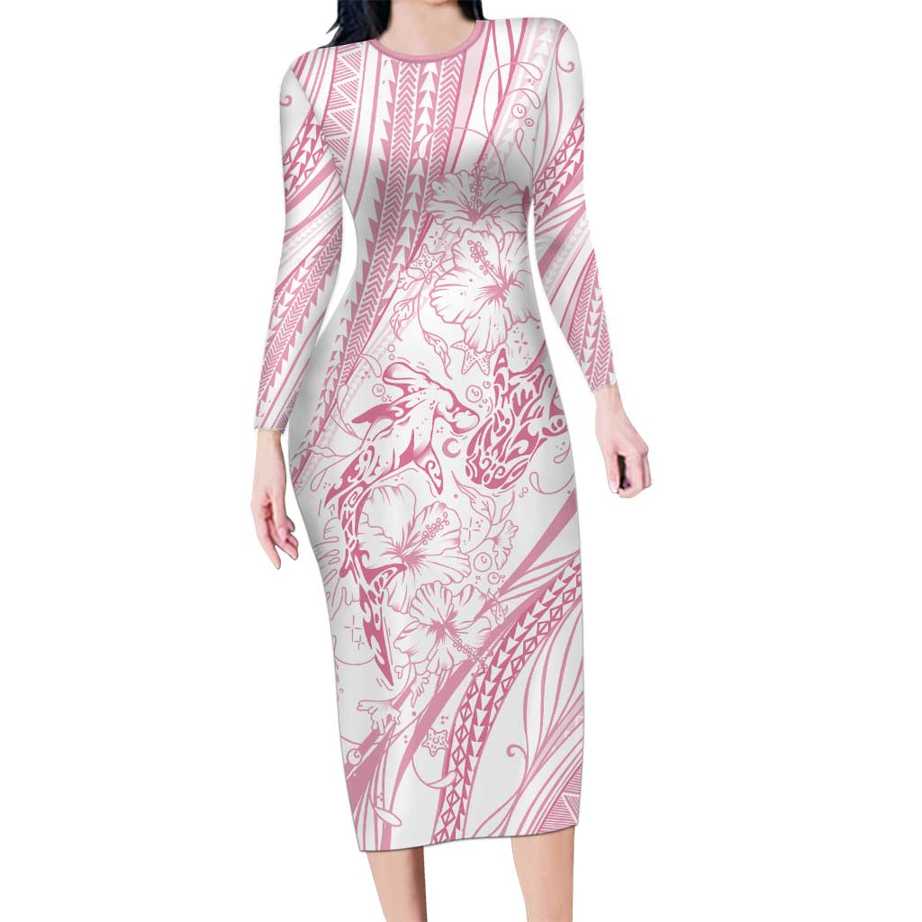 Sharks Couple Dreamy Polynesians Floral Sea Long Sleeve Bodycon Dress Pink LT7 Long Dress Pink - Polynesian Pride