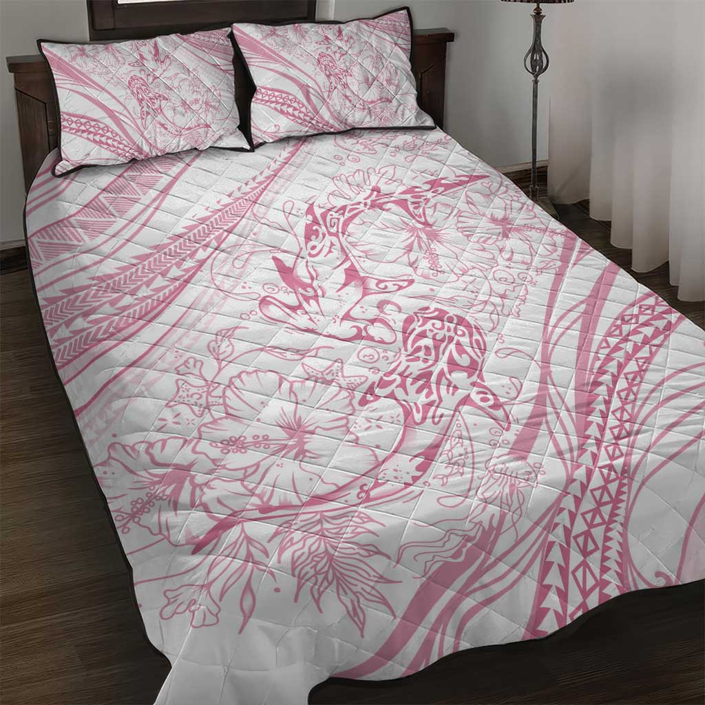 Sharks Couple Dreamy Polynesians Floral Sea Quilt Bed Set Pink - Polynesian Pride