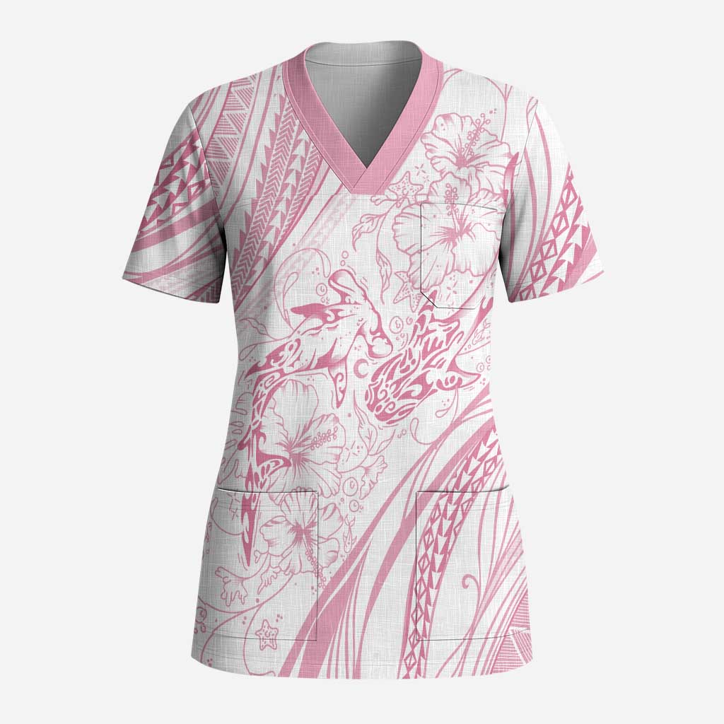 Sharks Couple Dreamy Polynesians Floral Sea Scrub Top Pink LT7 Adult Pink - Polynesian Pride