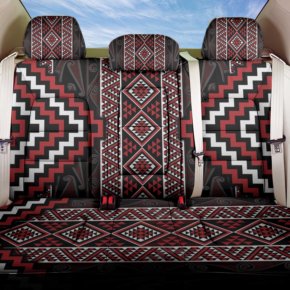 Red Tukutuku Pattern Aotearoa Back Car Seat Cover Niho Taniwha and Puhoro Motifs