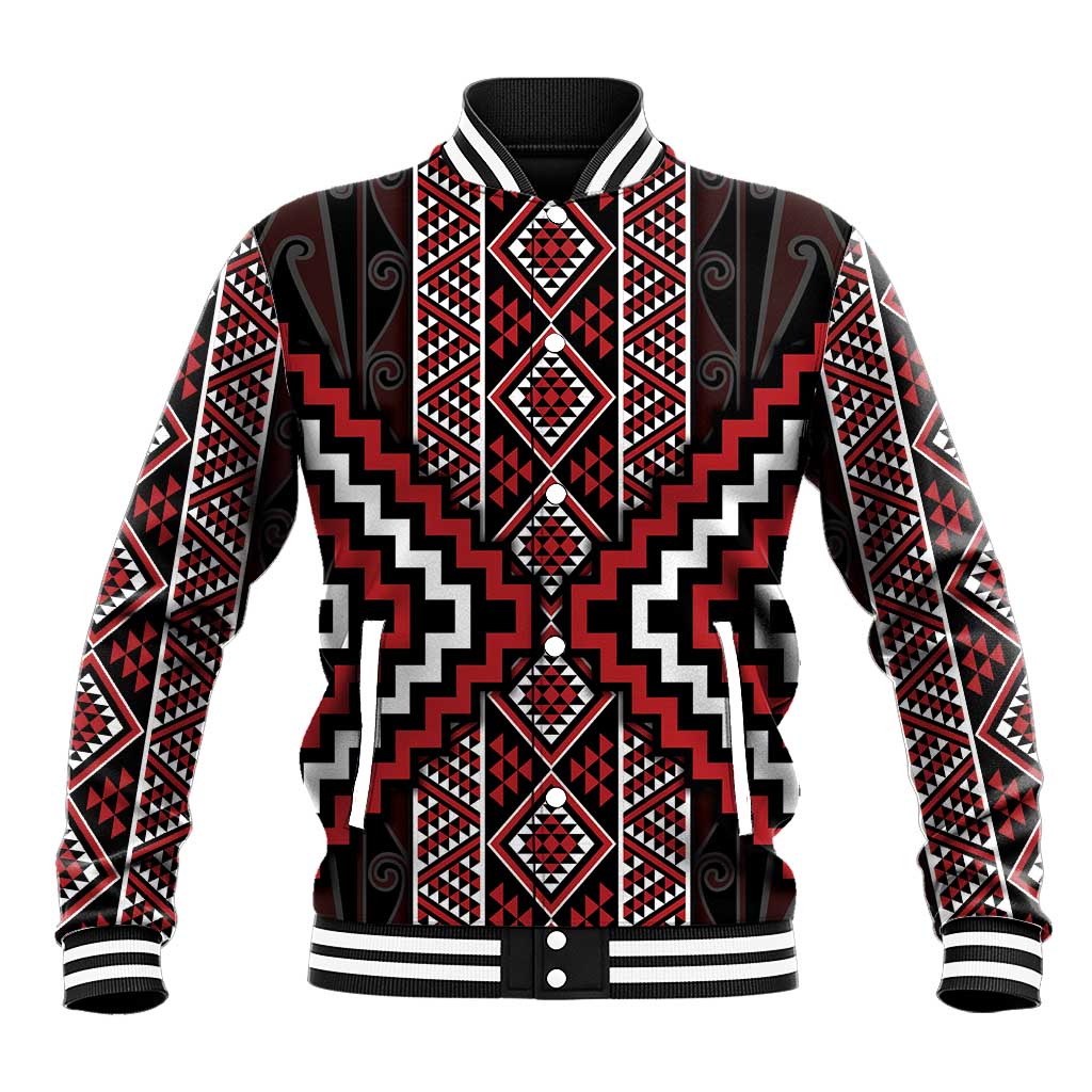 Red Tukutuku Pattern Aotearoa Baseball Jacket Niho Taniwha and Puhoro Motifs LT7 Unisex Red - Polynesian Pride