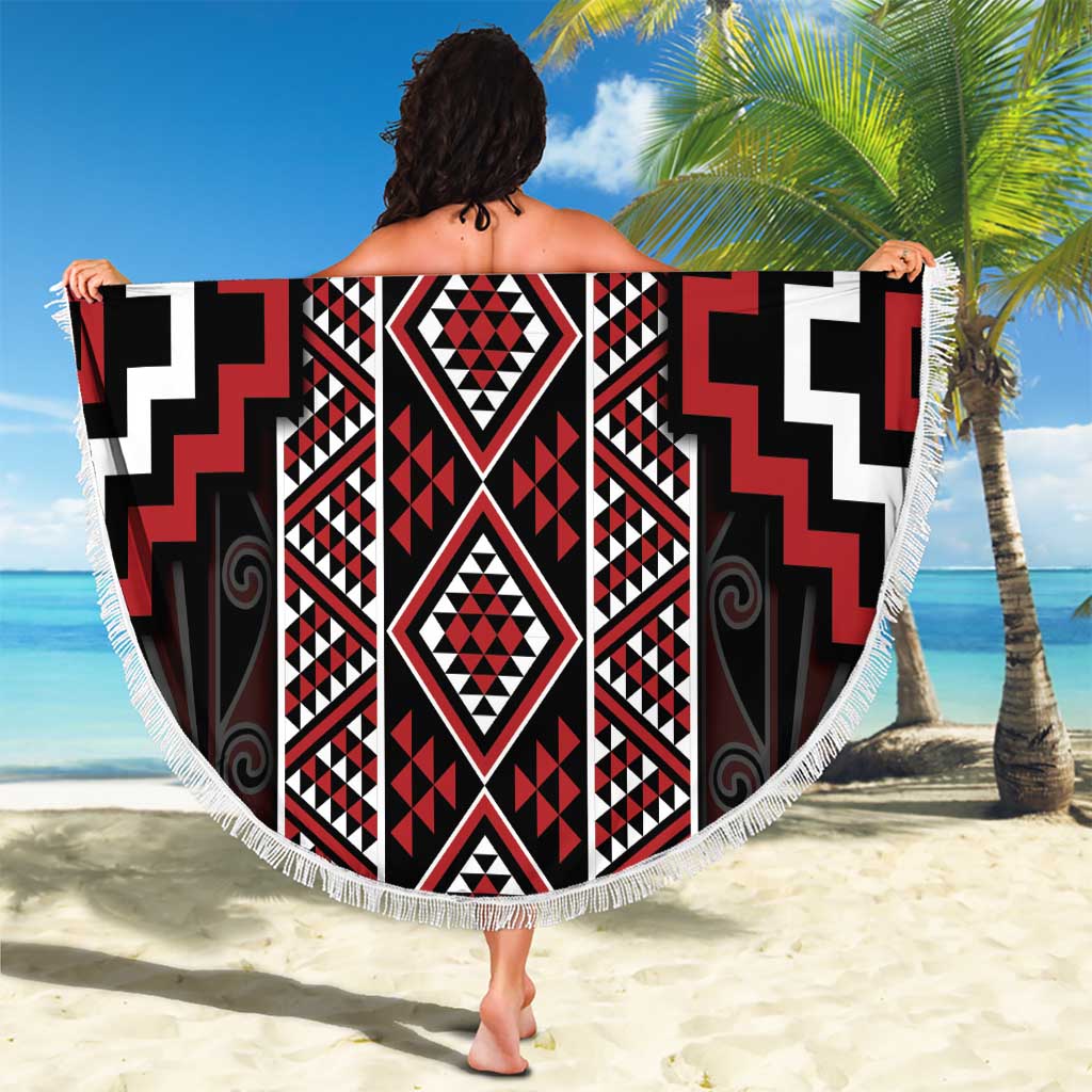 Red Tukutuku Pattern Aotearoa Beach Blanket Niho Taniwha and Puhoro Motifs