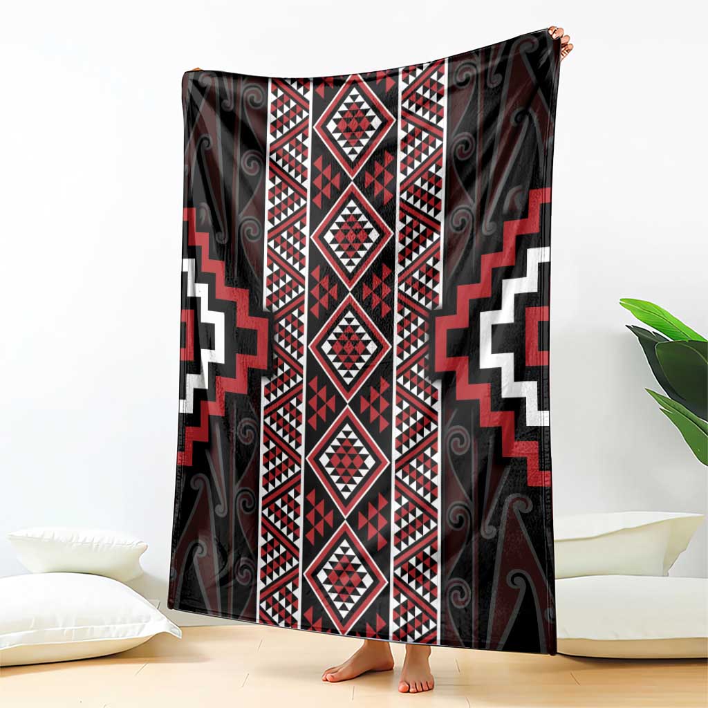 Red Tukutuku Pattern Aotearoa Blanket Niho Taniwha and Puhoro Motifs