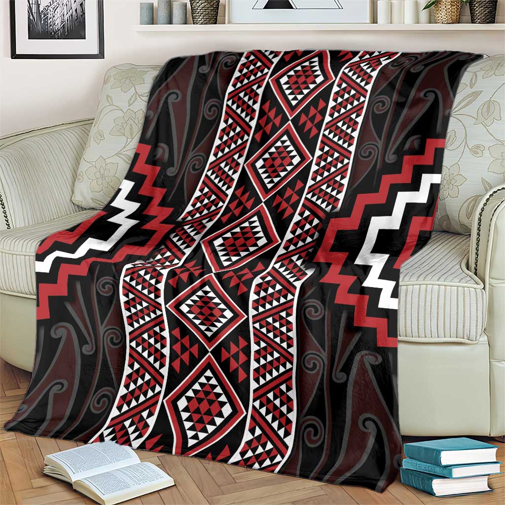 Red Tukutuku Pattern Aotearoa Blanket Niho Taniwha and Puhoro Motifs