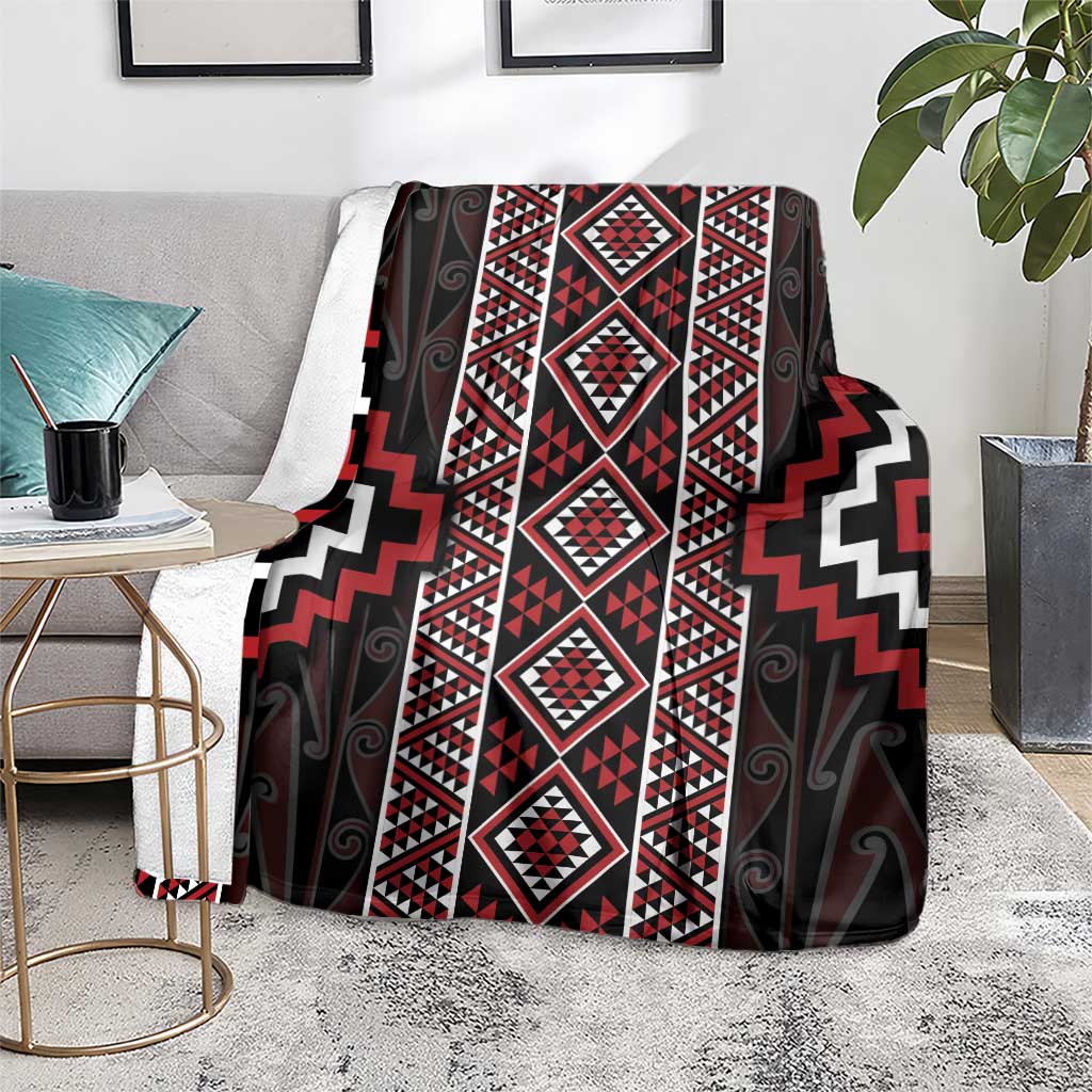 Red Tukutuku Pattern Aotearoa Blanket Niho Taniwha and Puhoro Motifs