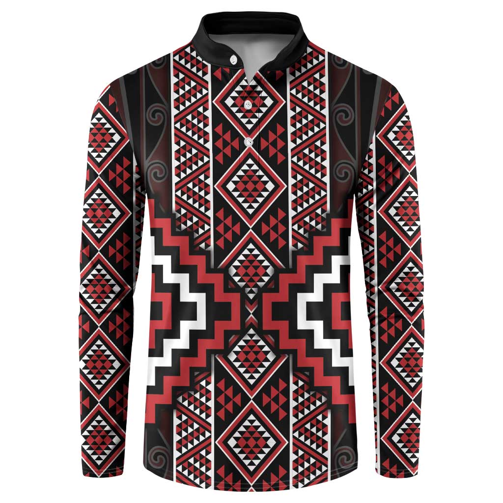 Red Tukutuku Pattern Aotearoa Button Sweatshirt Niho Taniwha and Puhoro Motifs