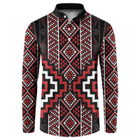 Red Tukutuku Pattern Aotearoa Button Sweatshirt Niho Taniwha and Puhoro Motifs