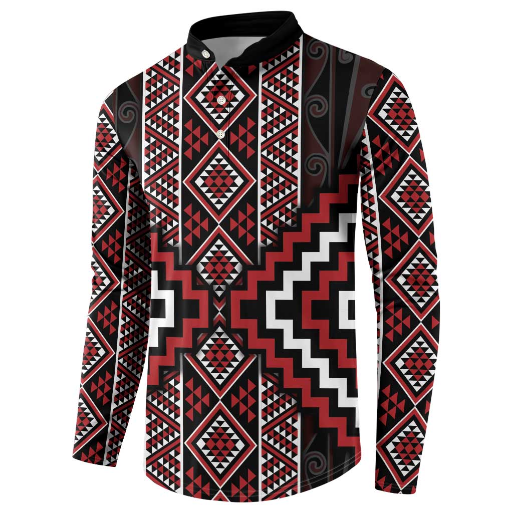 Red Tukutuku Pattern Aotearoa Button Sweatshirt Niho Taniwha and Puhoro Motifs