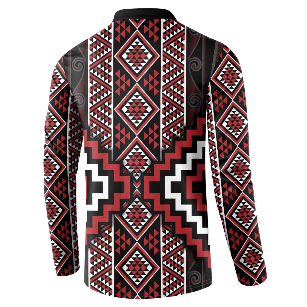 Red Tukutuku Pattern Aotearoa Button Sweatshirt Niho Taniwha and Puhoro Motifs