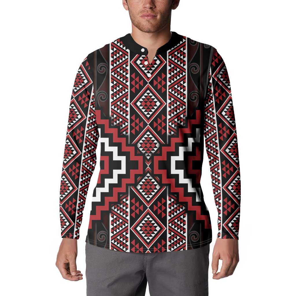 Red Tukutuku Pattern Aotearoa Button Sweatshirt Niho Taniwha and Puhoro Motifs