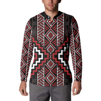 Red Tukutuku Pattern Aotearoa Button Sweatshirt Niho Taniwha and Puhoro Motifs