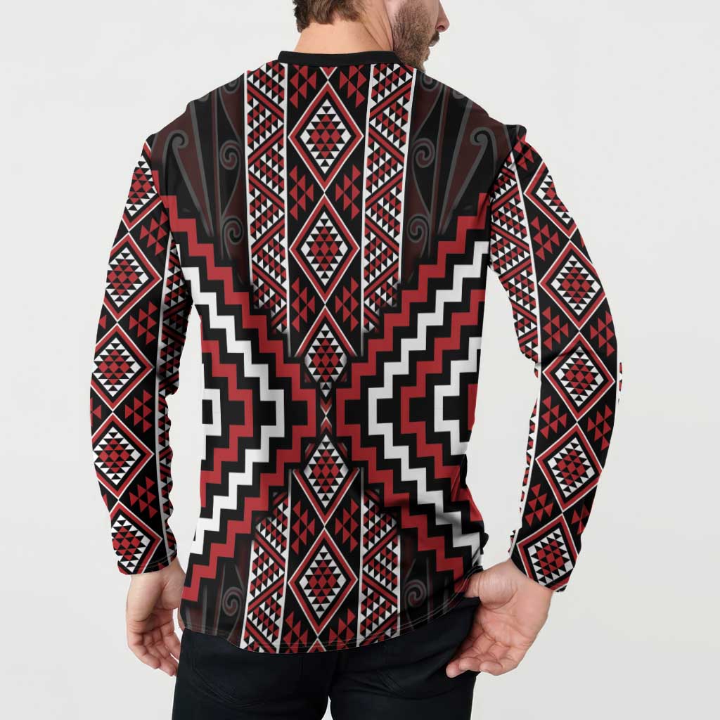 Red Tukutuku Pattern Aotearoa Button Sweatshirt Niho Taniwha and Puhoro Motifs