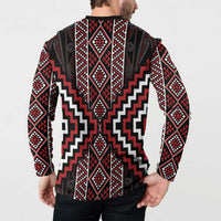 Red Tukutuku Pattern Aotearoa Button Sweatshirt Niho Taniwha and Puhoro Motifs