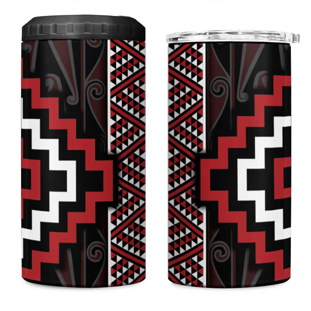 Red Tukutuku Pattern Aotearoa 4 in 1 Can Cooler Tumbler Niho Taniwha and Puhoro Motifs