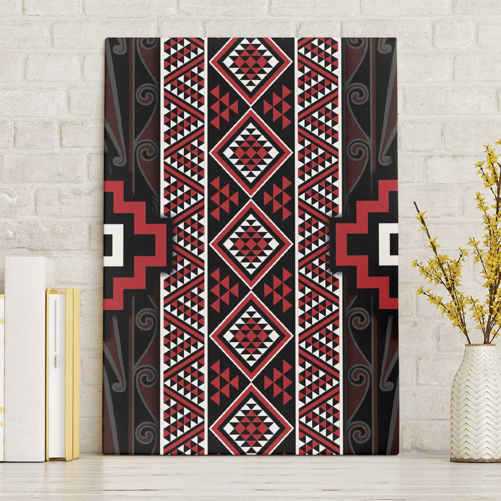 Red Tukutuku Pattern Aotearoa Canvas Wall Art Niho Taniwha and Puhoro Motifs