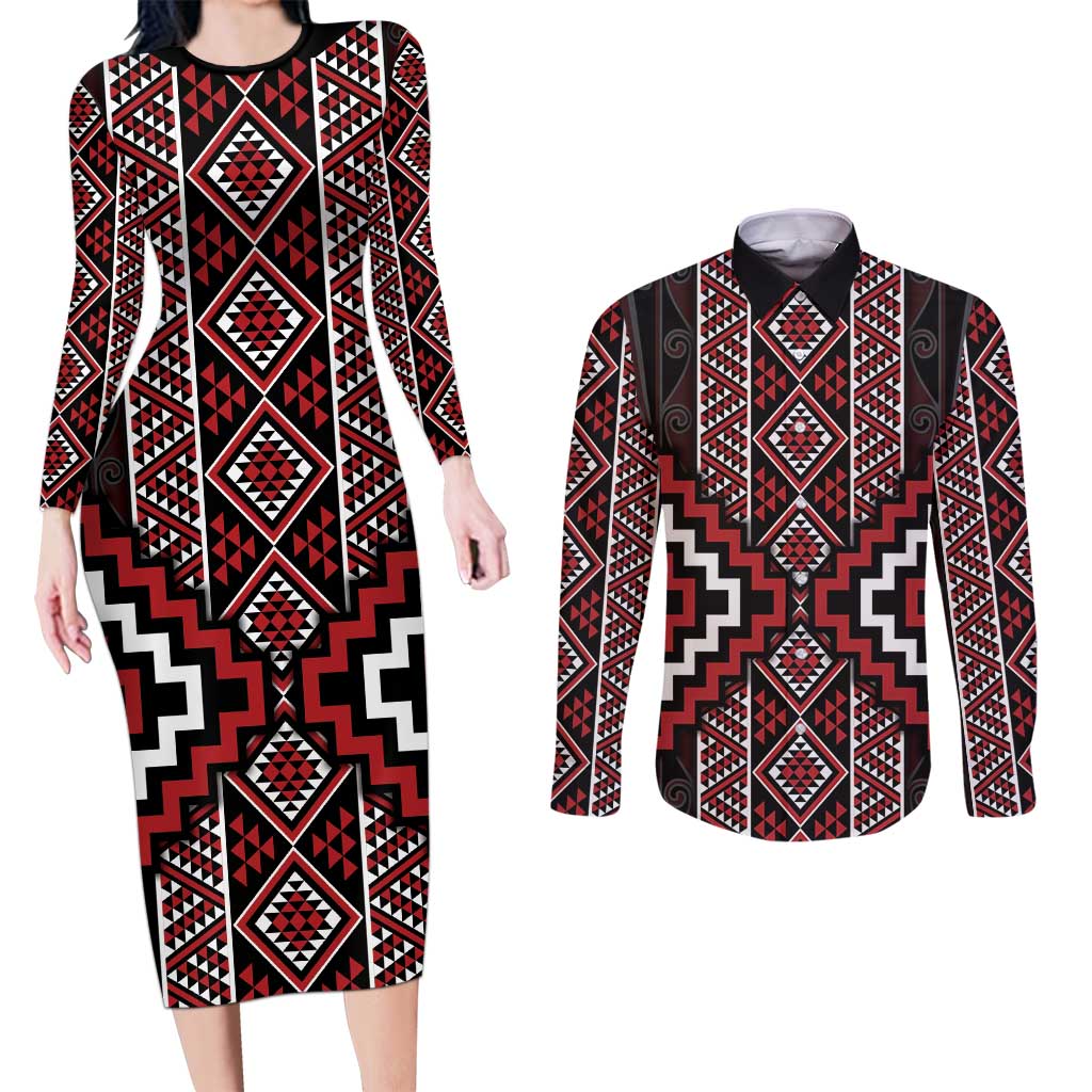 Red Tukutuku Pattern Aotearoa Couples Matching Long Sleeve Bodycon Dress and Long Sleeve Button Shirt Niho Taniwha and Puhoro Motifs LT7 Red - Polynesian Pride