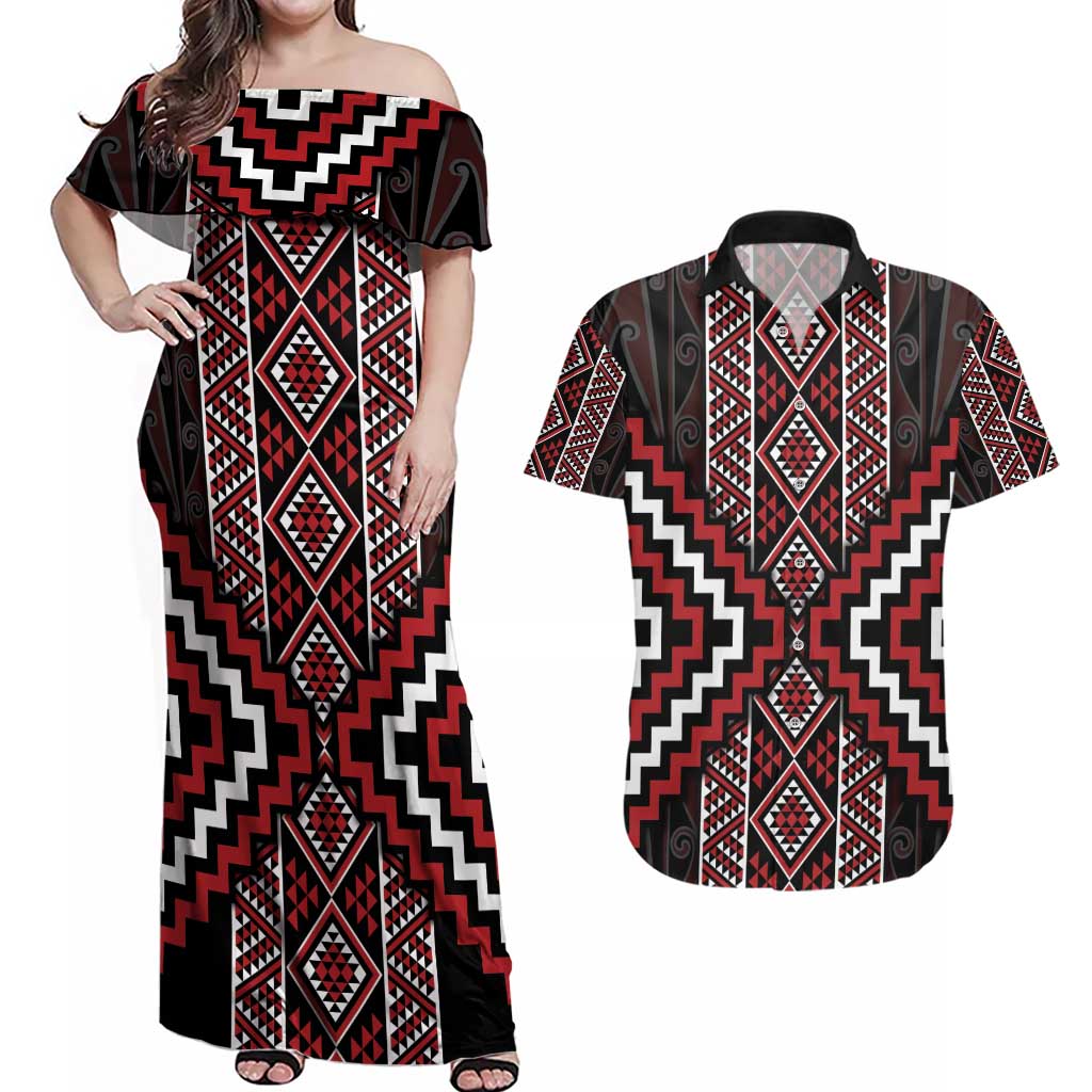 Red Tukutuku Pattern Aotearoa Couples Matching Off Shoulder Maxi Dress and Hawaiian Shirt Niho Taniwha and Puhoro Motifs LT7 Red - Polynesian Pride