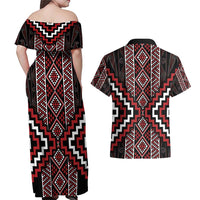 Red Tukutuku Pattern Aotearoa Couples Matching Off Shoulder Maxi Dress and Hawaiian Shirt Niho Taniwha and Puhoro Motifs LT7 - Polynesian Pride