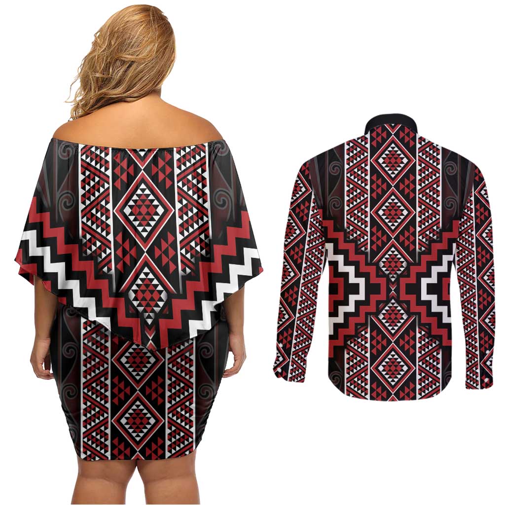Red Tukutuku Pattern Aotearoa Couples Matching Off Shoulder Short Dress and Long Sleeve Button Shirt Niho Taniwha and Puhoro Motifs