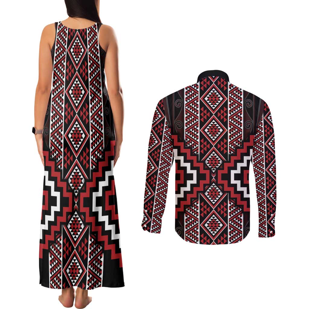 Red Tukutuku Pattern Aotearoa Couples Matching Tank Maxi Dress and Long Sleeve Button Shirt Niho Taniwha and Puhoro Motifs LT7 - Polynesian Pride