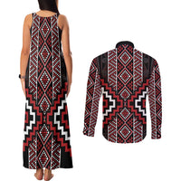 Red Tukutuku Pattern Aotearoa Couples Matching Tank Maxi Dress and Long Sleeve Button Shirt Niho Taniwha and Puhoro Motifs LT7 - Polynesian Pride