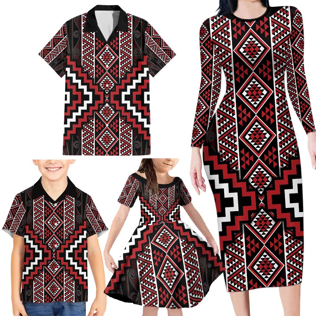 Red Tukutuku Pattern Aotearoa Family Matching Long Sleeve Bodycon Dress and Hawaiian Shirt Niho Taniwha and Puhoro Motifs LT7 - Polynesian Pride