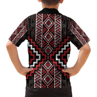 Red Tukutuku Pattern Aotearoa Family Matching Off Shoulder Maxi Dress and Hawaiian Shirt Niho Taniwha and Puhoro Motifs LT7 - Polynesian Pride