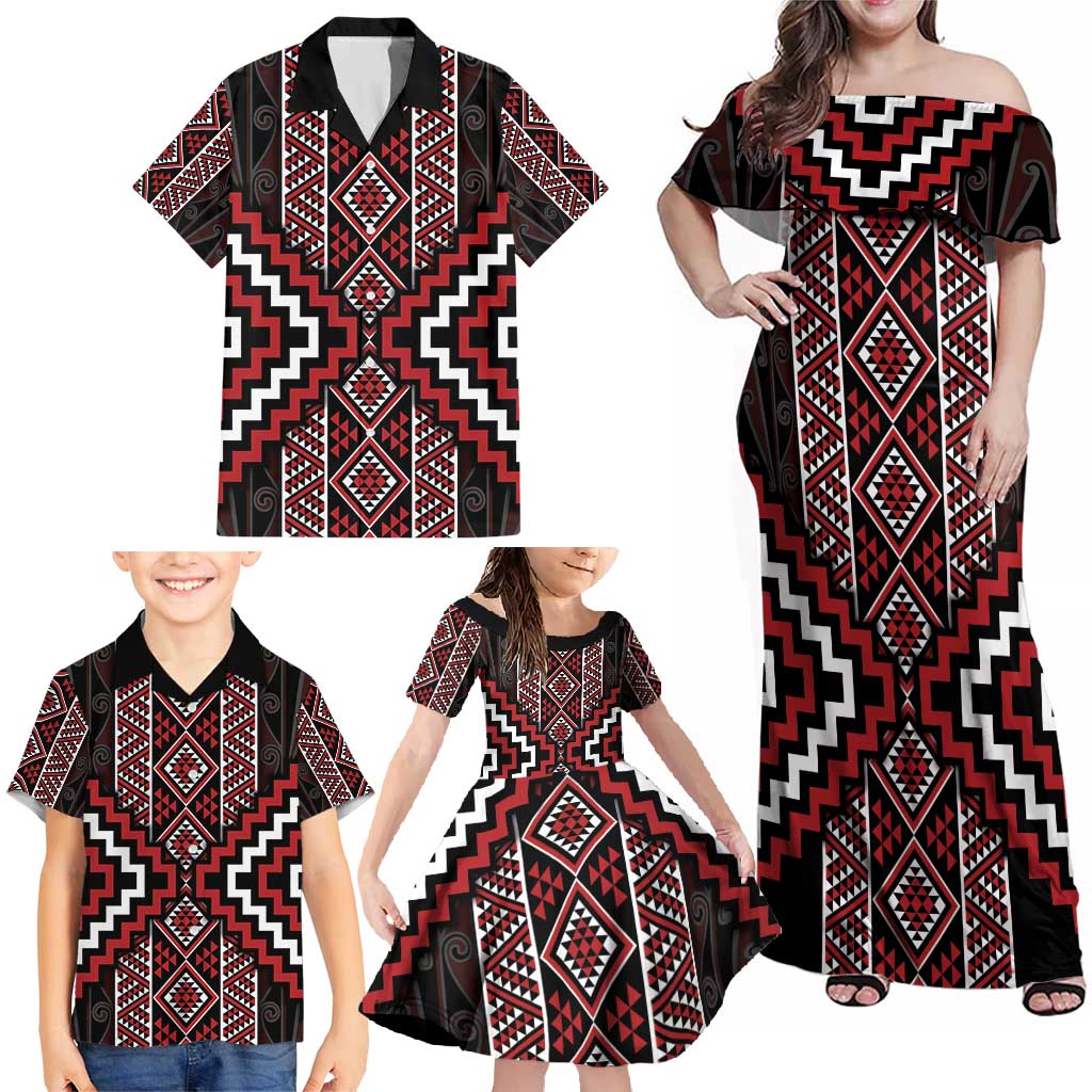 Red Tukutuku Pattern Aotearoa Family Matching Off Shoulder Maxi Dress and Hawaiian Shirt Niho Taniwha and Puhoro Motifs LT7 - Polynesian Pride