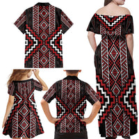 Red Tukutuku Pattern Aotearoa Family Matching Off Shoulder Maxi Dress and Hawaiian Shirt Niho Taniwha and Puhoro Motifs LT7 - Polynesian Pride
