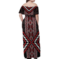 Red Tukutuku Pattern Aotearoa Family Matching Off Shoulder Maxi Dress and Hawaiian Shirt Niho Taniwha and Puhoro Motifs LT7 - Polynesian Pride
