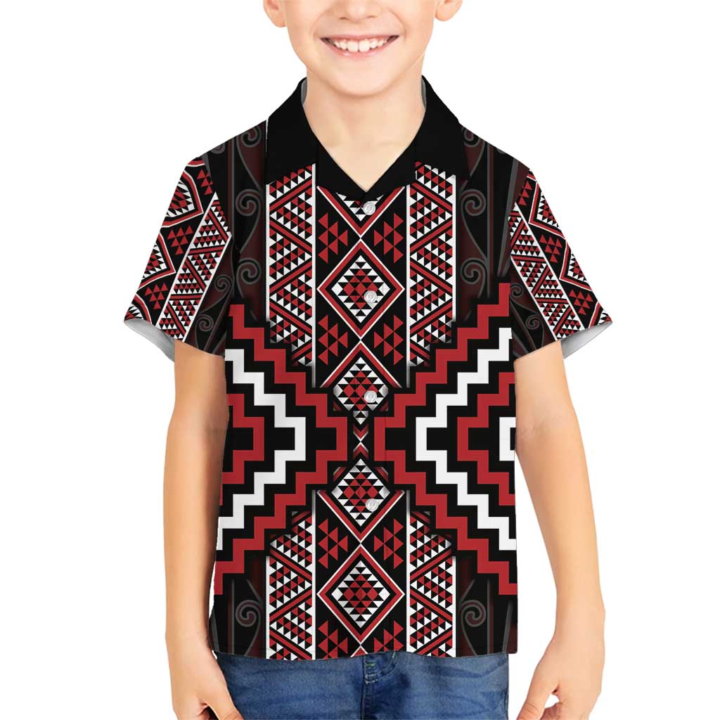 Red Tukutuku Pattern Aotearoa Family Matching Off Shoulder Maxi Dress and Hawaiian Shirt Niho Taniwha and Puhoro Motifs LT7 Son's Shirt Red - Polynesian Pride