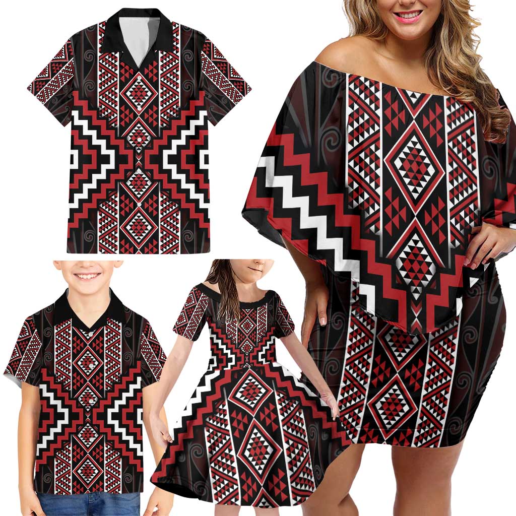 Red Tukutuku Pattern Aotearoa Family Matching Off Shoulder Short Dress and Hawaiian Shirt Niho Taniwha and Puhoro Motifs LT7 - Polynesian Pride